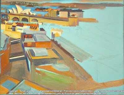 Plein air oil painting of Miller's Point  and Walsh Bay Wharves from top of the Harbour Control Tower painted by industrial heritage artist Jane Bennett